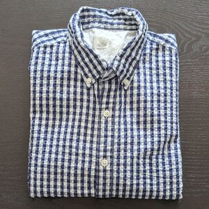 MUJI Men's Blue & White Gingham Button-Down Shirt, Short Sleeve, M, Textured